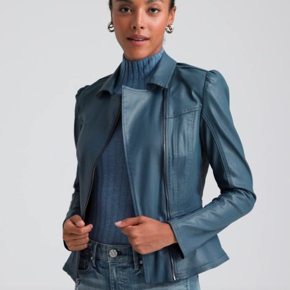 WHBM $200 Coated Denim Peplum Jacket Blue True Indigo - Picture 3 of 10